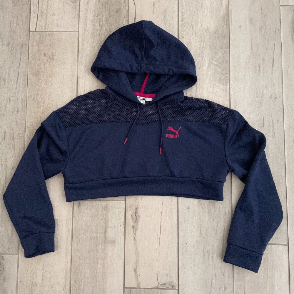 Puma Blue Cropped Shoulder Mesh Net Hoodie Embroidered Rose Flower XS